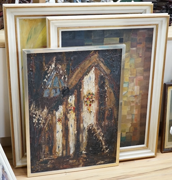 R. H. Barnard (American, 20th. C), three abstract oils on board to include an impasto example, one signed and dated 1961, largest 90 x 73cm. Condition - fair to good